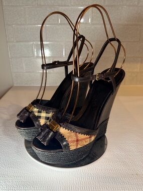 Burberry Brown Check Wedge Sandals with Gold Tassel Accent